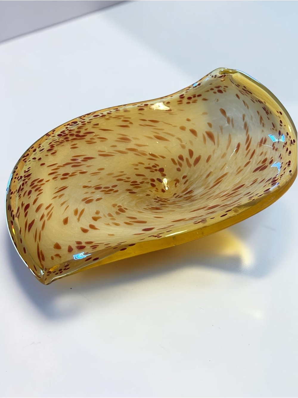 Vintage Italian Art Glass Bowl 10” x 12” Amber Red Aventurine Murano Technique